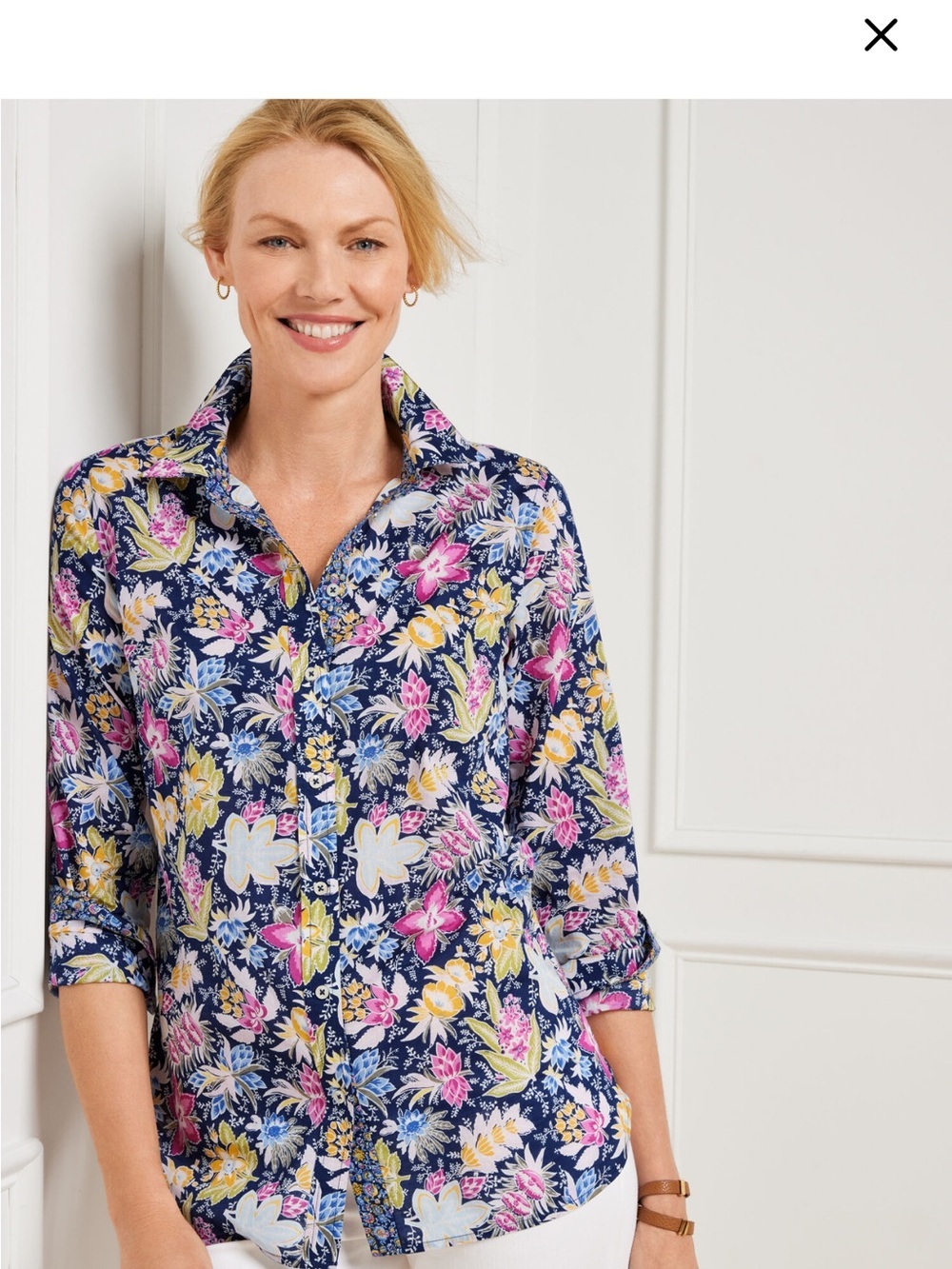 Talbots Navy Floral Button-Up with Pink & Yellow Blooms